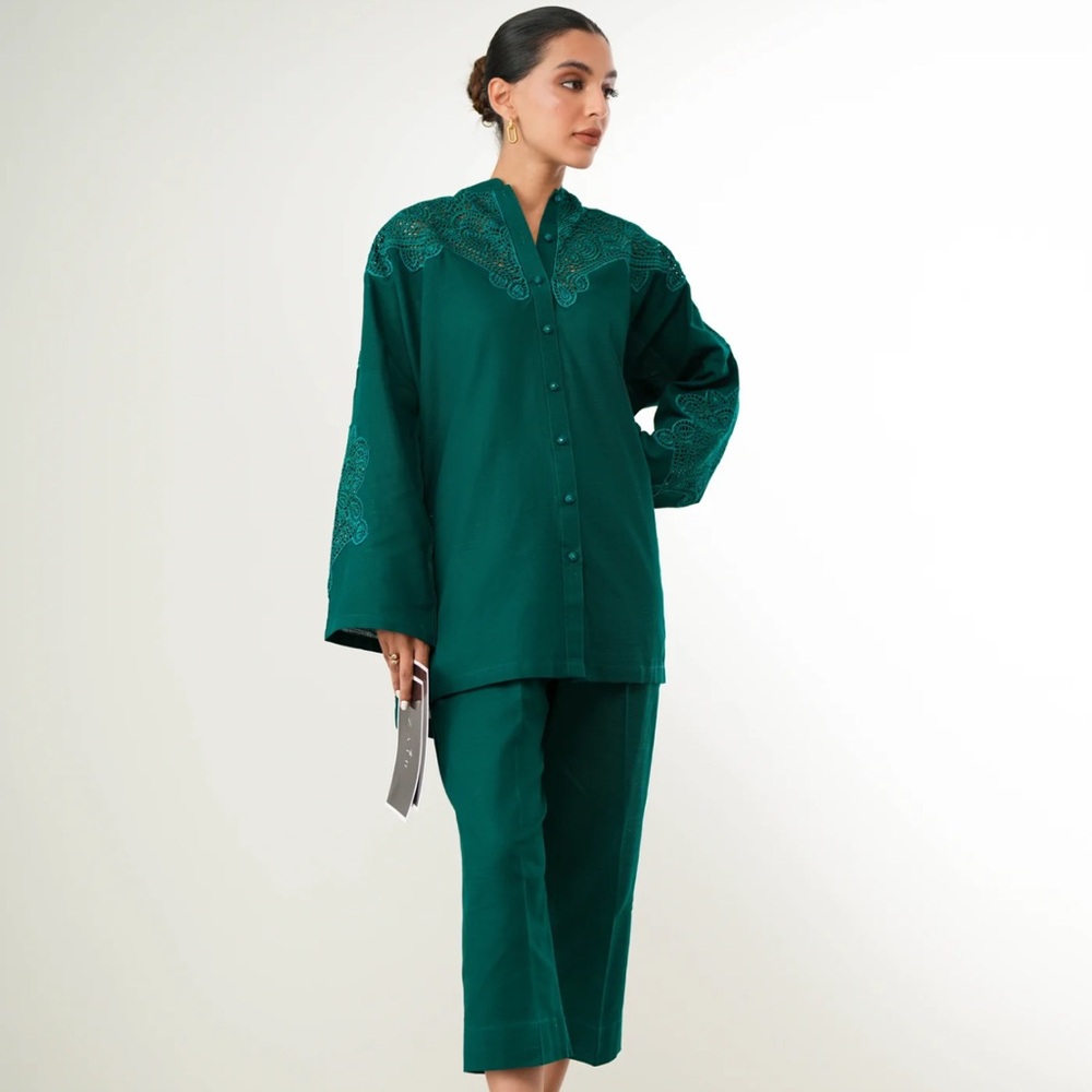Pakistani Designer Zaib brand Teal green embroidered ButtonUpShirt and Pants Set
